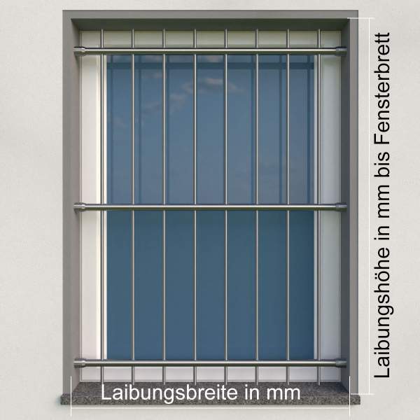 Fenstergitter aus Edelstahl Rundrohr ø 26,9 mm, Montage in der Fenster-Laibung. Höhe 500 - 900 mm / 2 Gurte